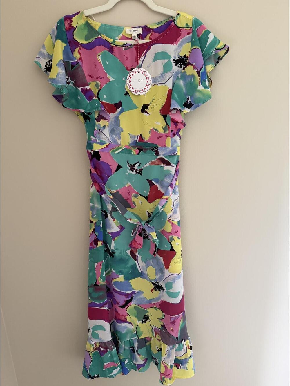 Umgee S backless abstract midi dress w/ belt, ruffles